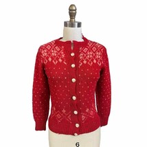 1930s 40s Cardigan Sweater Hand Knit Red Patterned Wool 1940s Distressed... - $60.59