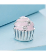 925 Sterling Silver Sweet Cupcake Charm Bead with Pink Enamel  - £12.78 GBP