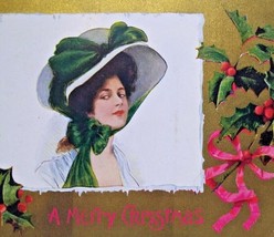 Victorian Christmas Postcard Lady In Bonnet Hat Vintage Original Holly Leaves - £8.18 GBP