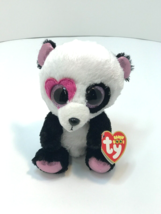 Ty Beanie Boo Mandy the Panda 6&quot; Glitter Eyes Black Pink White Heart Love w Tags - £7.73 GBP