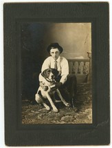 Antique c1900s Large Rare Cabinet Card Young Man Hat With German Shorthaired Dog - £110.16 GBP