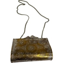 Vintage Peacock Flower Engraved Brass Pillow Purse Chain Strap 7&quot; x 4.5&quot; - £39.33 GBP