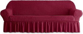 Sofa Slipcover 1 Piece For 3 Cushion Couch Cover With Skirt,, 3 Seater, Maroon - £30.90 GBP