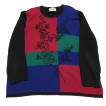 Vintage 90s Sweater 3x Color Block Red Blue Green on Black Floral Bead Vintage - £24.04 GBP