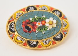 Vintage Micro Mosaic Murano Glass Gold Wash Brooch Pin Oval Floral Flower Signed - £51.33 GBP