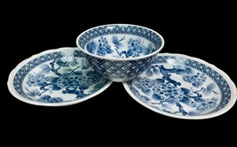 2 Vintage Blue and White Cherry Blossom Floral Plates and 1 Soup Bowl Ni... - £21.13 GBP