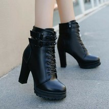 Women&#39;s High Heel Black PU Leather Lace-Up Black Round Toe Rivet Boots SZ 6-8.5 - £49.52 GBP