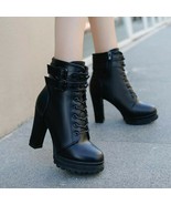 Women&#39;s High Heel Black PU Leather Lace-Up Black Round Toe Rivet Boots S... - £49.52 GBP
