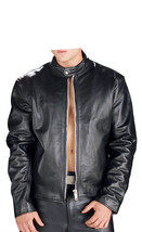 Magnificent Men Black Leather Biker Jacket With Tab Collar and Fastening Zipper - £102.55 GBP