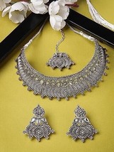 Eye-Catchy Oxidised Silver Plated Choker Necklace Set Kundan Earring Jewelry - £15.21 GBP