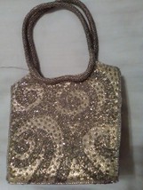 VINTAGE EVENING BAG GOLD LAME W/ SILVER BEADING &amp; BEADED HANDLES - $45.00