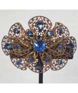 Antique Czech Art Deco Large Blue Glass Gold Tone Filigree Brooch - €126,44 EUR