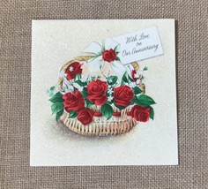 Ephemera Vintage Basket Of Roses Sparkly Glitter Hallmark Anniversary Card - $5.94