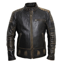 Vintage Retro Black Pleated Genuine Leather Motorcycle Jacket - £142.22 GBP
