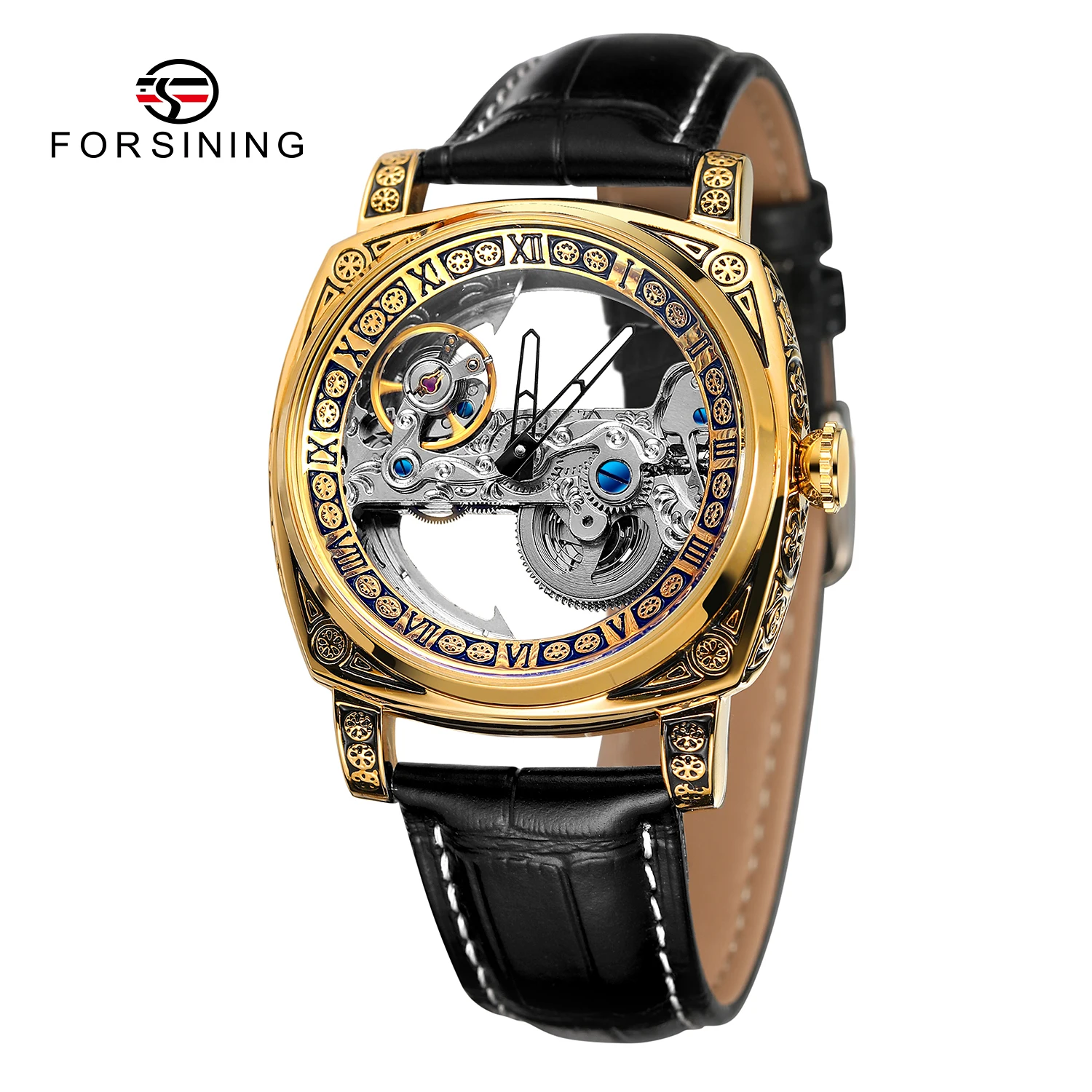 Watch Forsining Transparent Skeleton Automatic Black Leather Strap Watch Man Sel - £87.49 GBP