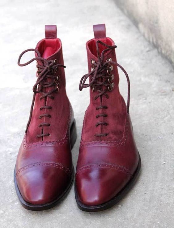New Handmade Ankle High Brown Suede Boots, Burgundy Leather Formal Boots
