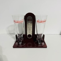 Budweiser Wooden Bar Stand &amp; 2 Pilsner Glasses &amp; Budweiser Beer Opener 2006 - $18.70