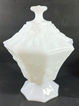 Vintage Anchor Hocking White Milk Glass Octagon Compote Candy Dish Grapes Lid 14 - £11.78 GBP