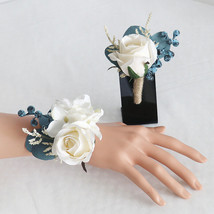 White Rose Corsage and Wristlet with Navy Teal and Blue Accents - £6.27 GBP