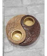 Two Piece Hand Carved Solid Mango and Rose Wood Yin Yang Floral Tea Ligh... - $31.99