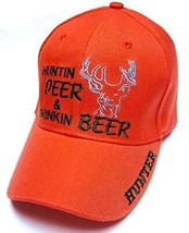 Hunting Deer &amp; Drinking Beer Full Blaze Orange Hat Cap Hunter Hunting Adjustable - $9.99