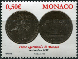 Monaco. 2008. Coins - 5 Francs. Honor? V (1837) (MNH **) Stamp - $0.80