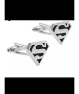 SUPERMAN CUFFLINKS 1 pair Super Hero Comic Silver Tone Black Enamel Logo  - $165.82 MXN