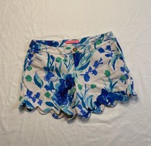Lilly Pulitzer Buttercup Shorts White Blue Floral Womens 4 Scalloped Hem 5” - $27.09