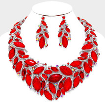 Red Crystal Marquise And  Rhinestone Petal Necklace Bib Collar Earring Set - £72.15 GBP