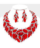 Red Crystal Marquise And  Rhinestone Petal Necklace Bib Collar Earring Set - £71.93 GBP