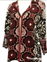 Chico&#39;s Size 0 (S 4-6) Black Red Silk Blend Ornate Geo Floral Cardigan S... - £13.03 GBP