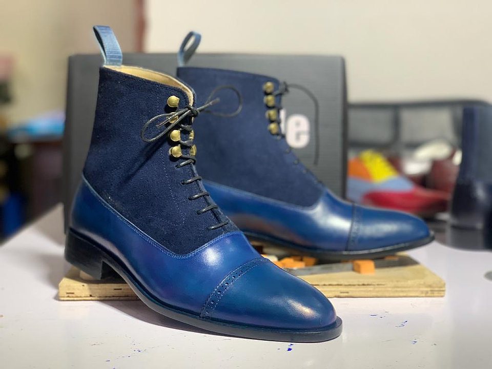 Handmade Men's Blue Leather Suede Cap Toe Ankle Boots, Men Dress Formal Boots