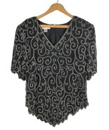 Laurence Kazar Beaded Evening Top Black Silver Holiday Party Size Medium... - $37.89 CAD