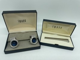 Vintage Swank Cufflinks And Tie Bar In Boxes Blue Silver Tone - £8.86 GBP
