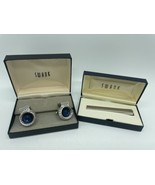 Vintage Swank Cufflinks And Tie Bar In Boxes Blue Silver Tone - £8.89 GBP
