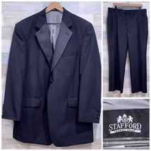 Stafford 100% Wool Notch Collar Tuxedo Suit Black Mens 44L 40x30 Pleated Pants - £85.62 GBP