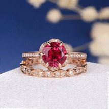 2.40Ct Round Cut Ruby Halo Engagement Bridal Ring Set 14k Rose Gold FInish - £83.56 GBP