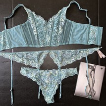 Victoria&#39;s Secret Longline L Bra Set+Garter+Xl Thong Teal Turquoise Green Lace - $118.79
