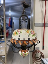 Antique Wrought iron Chandelier Ceramic Pottery Shade Italian Tole 28” Tall - $210.38