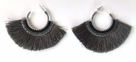 Gray Tassel Fringe Hoop Earrings Silver Tone Seed Bead Accents - £7.17 GBP