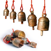 Handmade Rustic Bells Wind Chimes (30” Long) 5 Door Hanging Bells on a Rope - £17.78 GBP