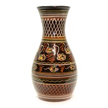 Vintage Ceramic Vase Hand Painted Floral Brown Black 8 3/4&quot;  - £17.38 GBP
