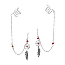 Unique Dreamcatcher &amp; Ear Cuff Chain w/ Reconstructed Red Coral Dangle Earrings - £14.60 GBP