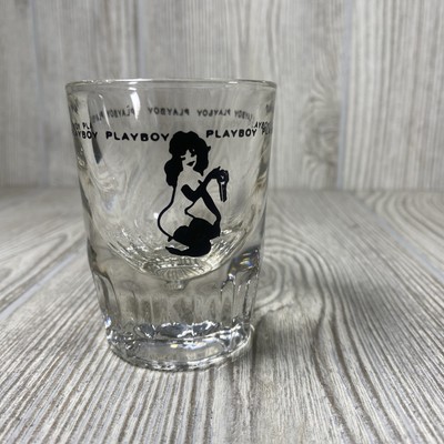 Playboy Heavy Shot Glass Club Bunny Holding Key Clear 3&quot; Tall Vintage Rare - $9.85