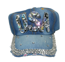 USA Jewel Studded Baseball Cap USA Bling Rhinestone Distressed Denim Hat Women - $17.54