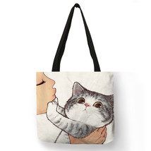 Funny Cute Kissing Cat Print Casual Tote Bag Eco Linen Cloth Handbag Women Ladie - £13.79 GBP