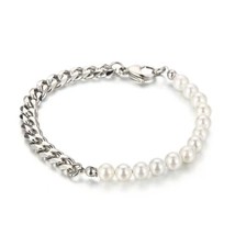 Pearl Silver Cuban Link Chain Bracelet Men&#39;s Trendy Jewelry Stainless Steel 7.8&quot; - £13.48 GBP