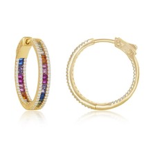 4x25mm Center Rainbow Channel-Set &amp; White CZ Hoop Earrings Gold Plated - £90.36 GBP