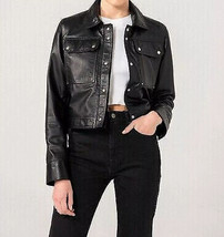 Black Women Shirt Stylish Genuine Soft Lambskin Leather Casual Handmade Designer - £85.47 GBP+