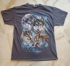 Three Wolves With Moon Wolf T-Shirt Gray Size Large Fruit of the Loom HD - $24.55
